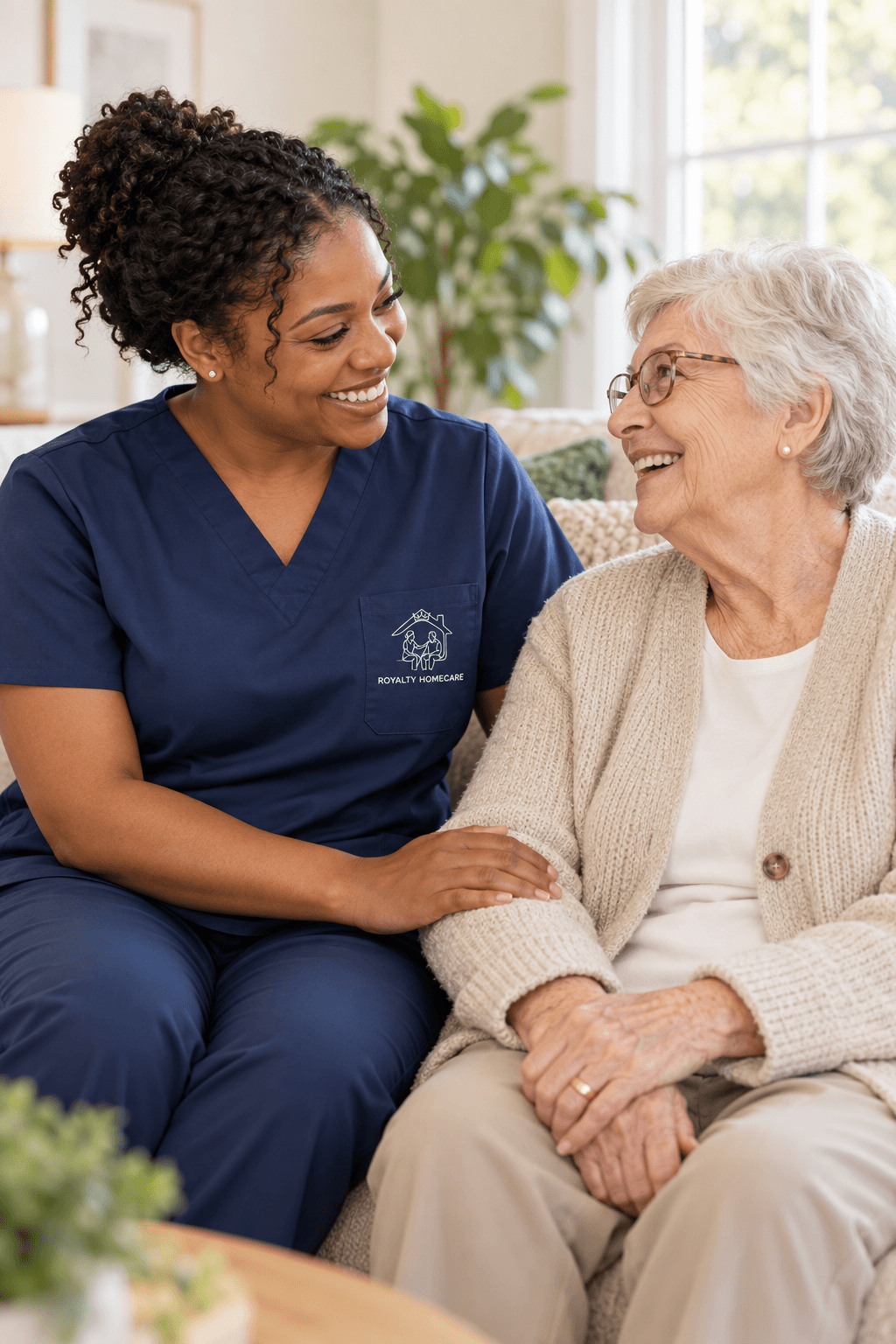 Illustrative scene of a caregiver in Royalty-branded navy scrubs talking with an older woman at home